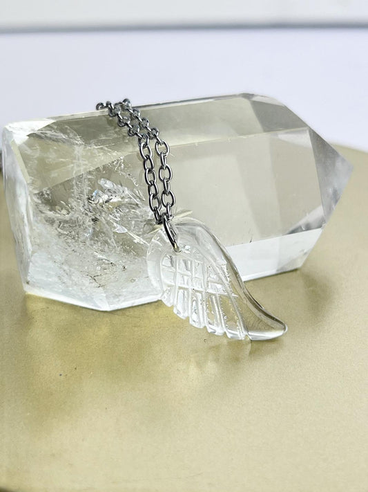 Stainless Steel Clear Quartz Wing Necklace